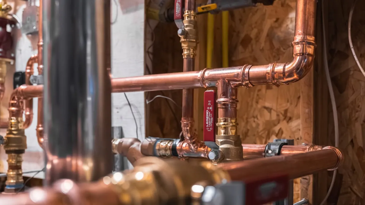 Copper press piping and isolation valves in a mechanical room