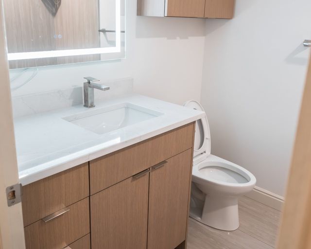 Finished bathroom with a wood vanity, undermount sink, faucet and toilet